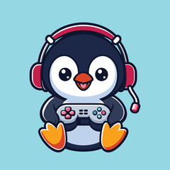 Cute penguin gaming conlose cartoon vector icon art illustration