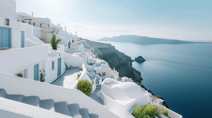 a collection of buildings, perched on a cliff overlooking a body of water. The water is a calm, clear blue - obrazy, fototapety, plakaty