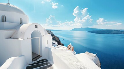 a white building with a white roof on a hill overlooking a blue ocean.  - obrazy, fototapety, plakaty