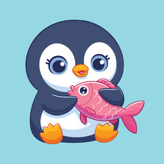 cute penguin holding fish cartoon vector icon art illustration