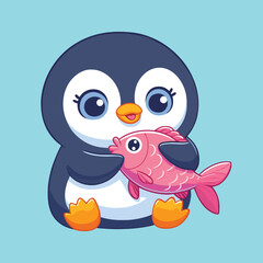 cute penguin holding fish cartoon vector icon art illustration