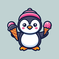 cute penguin holding icc-cream cartoon vector icon art illustration