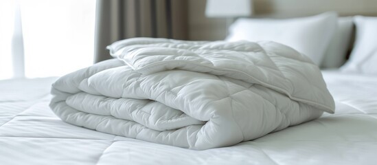 A white folded duvet lying on bed of bedroom hotel or home with sunlight background. AI generated