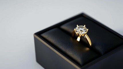 Gold diamond ring elegantly displayed on black box.