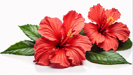 bright large red hibiscus flower and leaf isolated on white background - obrazy, fototapety, plakaty