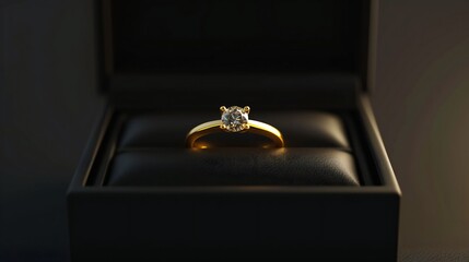 Gold diamond ring presented in sleek black box.