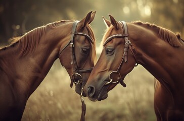 Two Horses Nuzzling Each Other, Friendly Horses Touching Noses in a Field, Gentle Moments Between Two Brown Horses, Bonding of Two Horses with Their Noses Touching. - obrazy, fototapety, plakaty