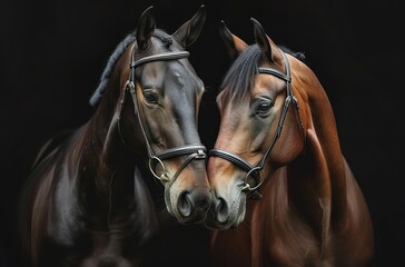 Two Horses Nuzzling Each Other, A Tender Moment Between Two Horses, The Bond of Friendship between Two Horses, Horses Expressing Affection with a Kiss.