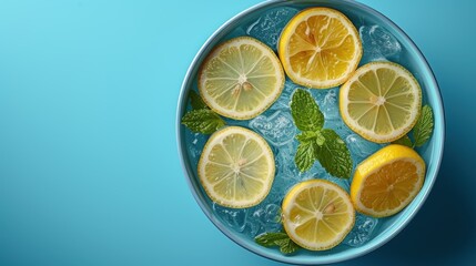 Sweet and Refreshing Lemonade, Freshly Squeezed Lemons in a Bowl, A Bowl of Lemons with Mint Leaves, Crisp, Juicy Lemons in a Blue Bowl.