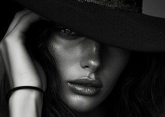 Glamorous Model Wearing a Black Hat, A Stylish Woman with Sparkly Eyes, Fashionable Lady Posing in a Black Hat, Elegant Model Showcasing Her Pout and Hat.