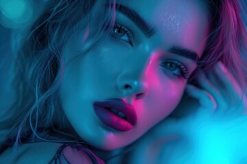 Glowing Eyes, Pink Lips, Shimmering Skin, Blue Light.