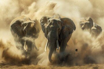 Obraz na płótnie Canvas Running Elephants, Dusty Pathway, Elephant Herd in Motion, Wildlife in Action.
