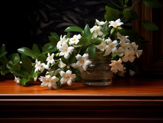 Wooden table with white jasmine flowers and green leaves