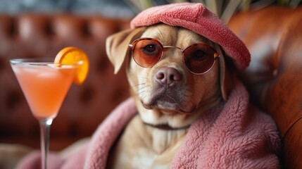 Pink-clad Dog Enjoying a Martini, A Golden Retriever in Sunglasses and Pink Robe, Doggy Cocktail Hour with a Martini Glass, Furry Friend Relaxing with a Martini and Sunshades.