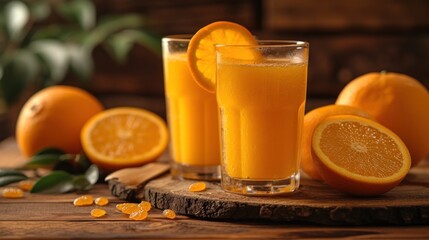 Obraz na płótnie Canvas Freshly Squeezed Orange Juice, A Glass of Orange Juice with Fruit, Sweet and Tart Orange Juice, Three Glasses of Orange Juice on a Table.