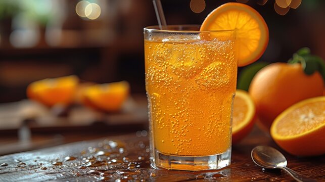 Freshly Squeezed Orange Juice, Sparkling Orange Drink with Fruit Garnish, Citrusy Refreshing Beverage in a Glass, A Taste of Sunshine: Orange Soft Drink and Oranges.