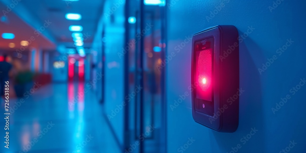 Aufkleber Securing the Future: An Advanced Biometric Fingerprint Scanner Grants Selective Access in a Modern Hospital Corridor, Generative AI