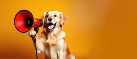 Funny cute retriever puppy holding red loudspeaker and screaming on orange background. Creative advertising and business concept. Copy space