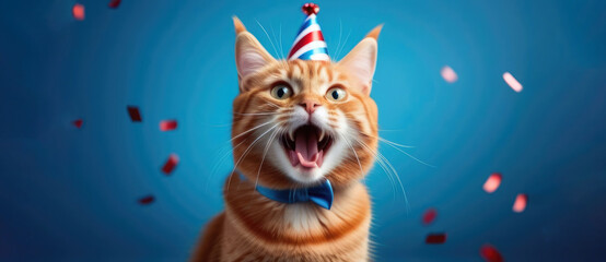 Obraz premium Creative birthday party concept. Cute happy striped cat with wide open mouth wearing a hat celebrating birthday. In the background blue background and falling confetti in blur. Advertising banner