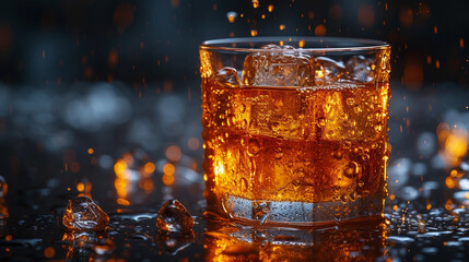 Beautiful composition of a glass filled with alcohol on a dark background, studio lighting.