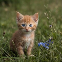 Naklejka na ściany i meble red kitten with blue eyes sitting in a flowery meadow looking straight ahead