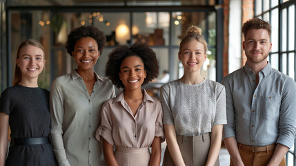 Fototapeta premium Diverse and Inclusive Business Team of Young Professionals Smiling Confidently in the Workplace.
