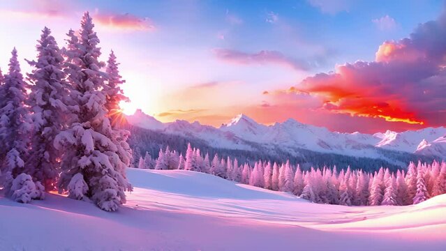 Vibrant colors paint the sky as the sun bids farewell to the snowcovered landscape.