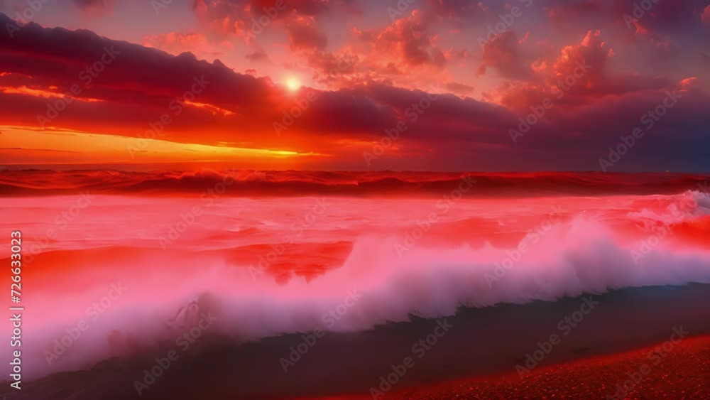 Poster The peaceful ocean serves as a backdrop to the fiery red and orange sky creating a serene atmosphere.
