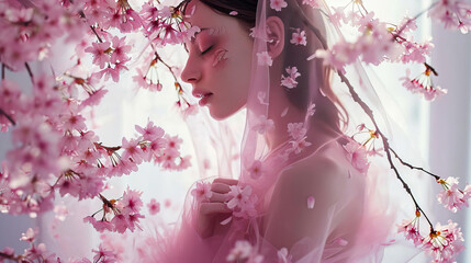 Portrait of a beautiful pregnant brunette woman in a pink dress with a hood and flowers standing against the background of the window of a house waiting for a child