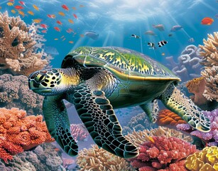 3D Floor Image Featuring an Underwater World with Turtles and Vibrant Coral