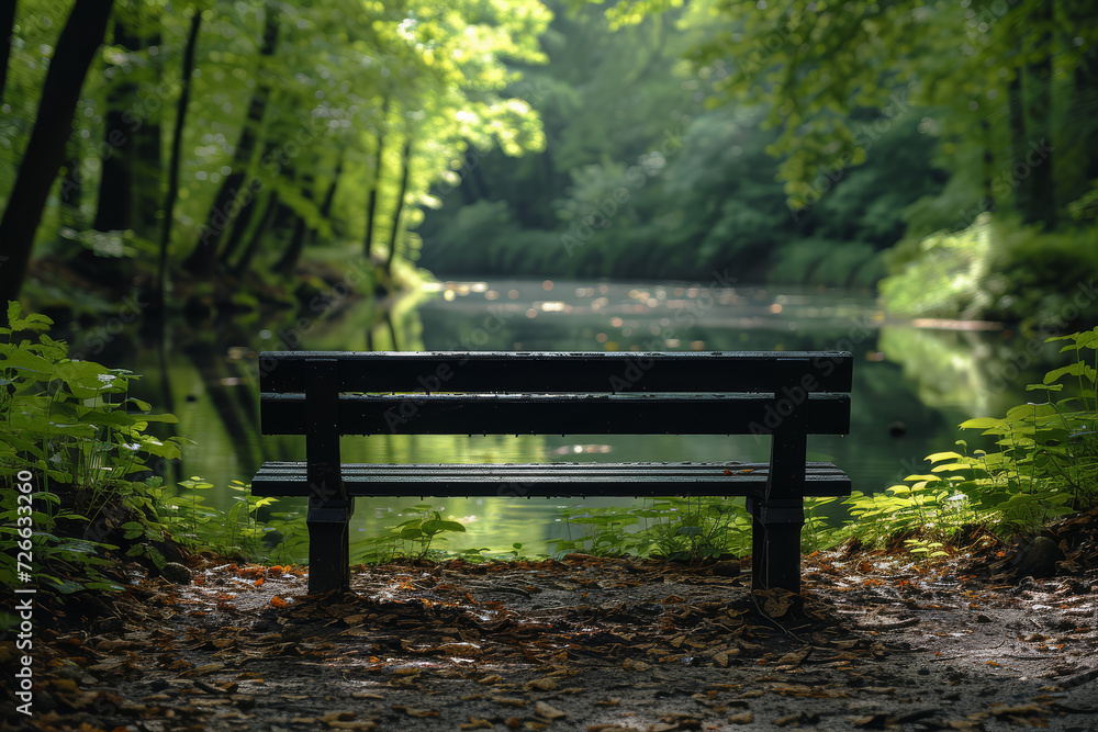 Aufkleber a lone bench in an empty park, creating a sense of calm and contemplation. concept of stillness and 