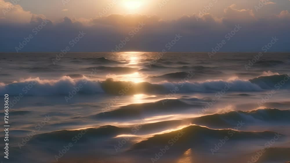 Poster A tranquil and ethereal scene as dawn light gently dances over the calm ocean waters.