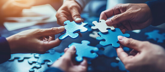 businessmen's hands hold puzzles. concept of teamwork to achieve goals - obrazy, fototapety, plakaty