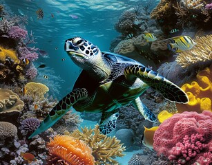 Image for 3d floor. Underwater world. Turtle. corals