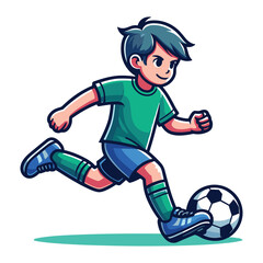 Obraz premium Happy cute little boy playing soccer football game in action cartoon vector illustration, kid player kicking ball design template isolated on white background