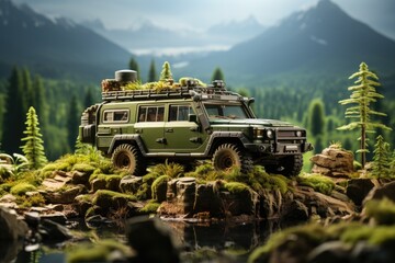 3d illustration of piece of green land with jeep standing Generative AI - obrazy, fototapety, plakaty