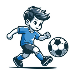 Obraz premium Happy cute little boy playing soccer football game in action cartoon vector illustration, kid player kicking ball design template isolated on white background