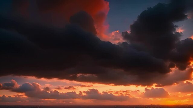The evening sky is painted with a vivid sunset framed by the striking silhouettes of dark clouds.