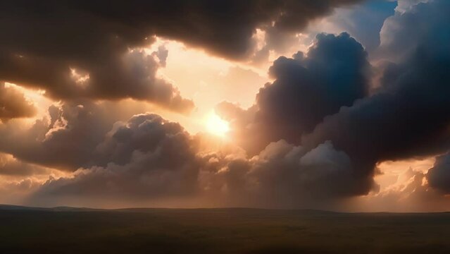 A surreal scene as the suns rays dance on the illuminated edges of storm clouds.