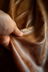 Man hand checking brown leather piece closeup