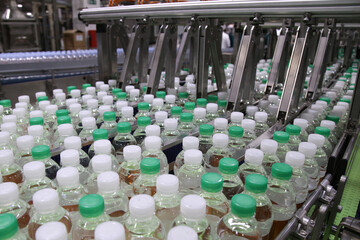 Drinking water bottle on a factory production conveyor belt line
