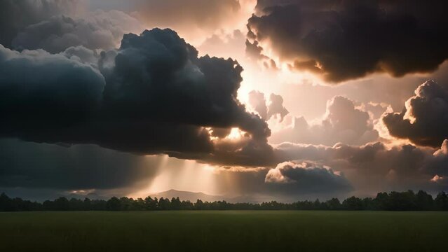 A heavenly sight of brilliantly lit rainclouds against a stormy backdrop.