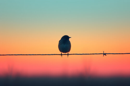 A photo of a single bird perched on a wire, with a clear sky as the background. Concept of solitude and simplicity in nature. Generative Ai.