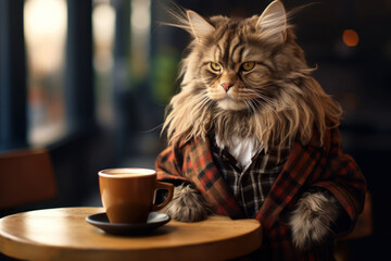 portrait of anthropomorphic Maine coon cat dressed in casual clothes, sitting in a cafe with cup of coffee