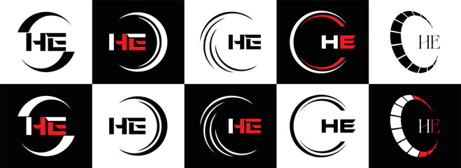 HE logo. H E design. White HE letter. HE, H E letter logo SET design. Initial letter EE linked circle uppercase monogram logo. H E letter logo SET vector design. HE letter logo design	
