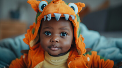 Cute baby in dinosaur costume. 