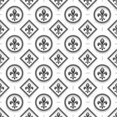 Vector Fleur de Lis Seamless Pattern, repeat background with illustrations of retro pattern with black fleur de lis in circle and rhombus cells, square poster with french ornament on white background - obrazy, fototapety, plakaty