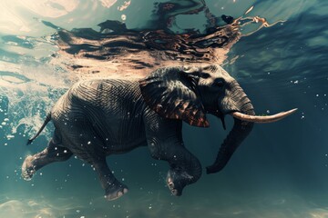 Swimming Elephant Underwater. elephant in ocean with mirrors and ripples at water surface.