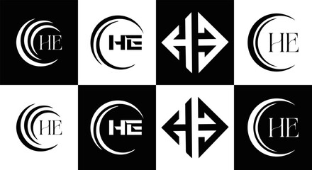 HE logo. H E design. White HE letter. HE, H E letter logo SET design. Initial letter EE linked circle uppercase monogram logo. H E letter logo SET vector design. HE letter logo design	
