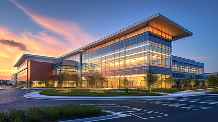 New modern design office building with lots of glass on the exterior.
